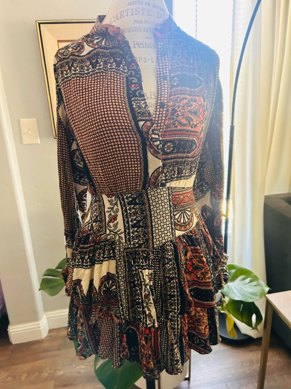 Police Bohemian Patchwork Long-Sleeve Tiered Mini Dress - Rust Multi
